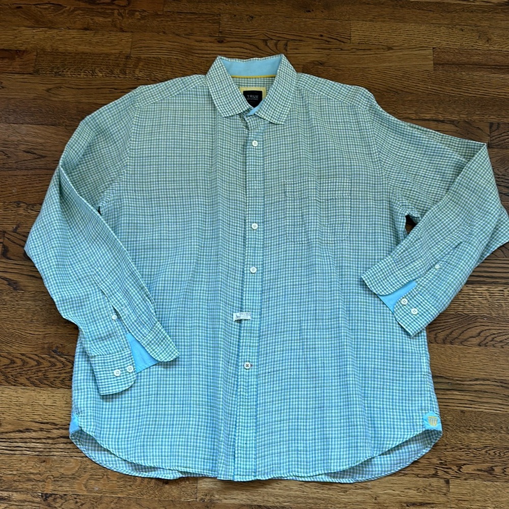 True Measure Blue and Green Check Linen LS XL button down